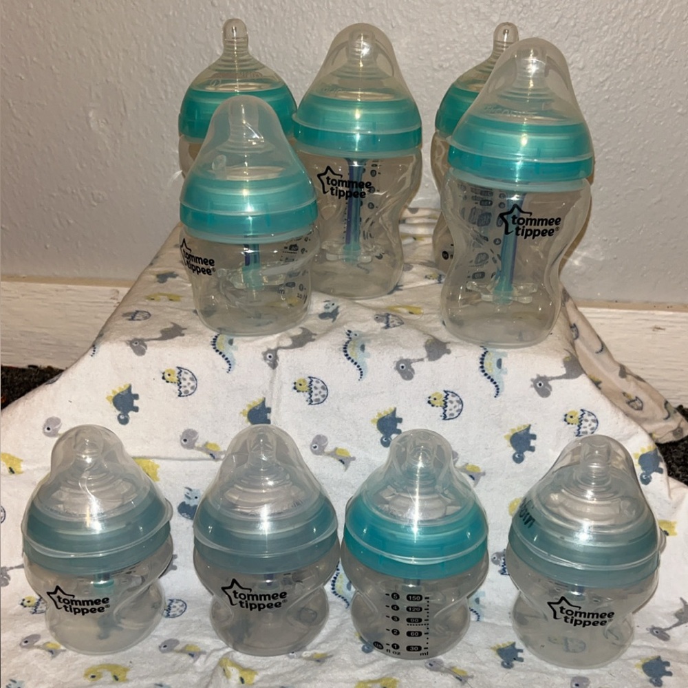 Tommee Tippee Baby Bottles with Blue Lids set of 9